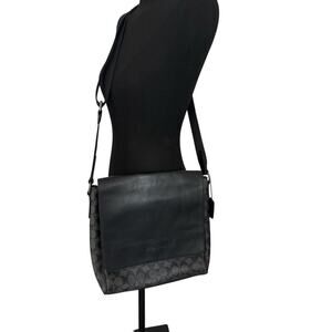 COACH Men's Black Houston Map Messenger Bag  with Adjustable Strap